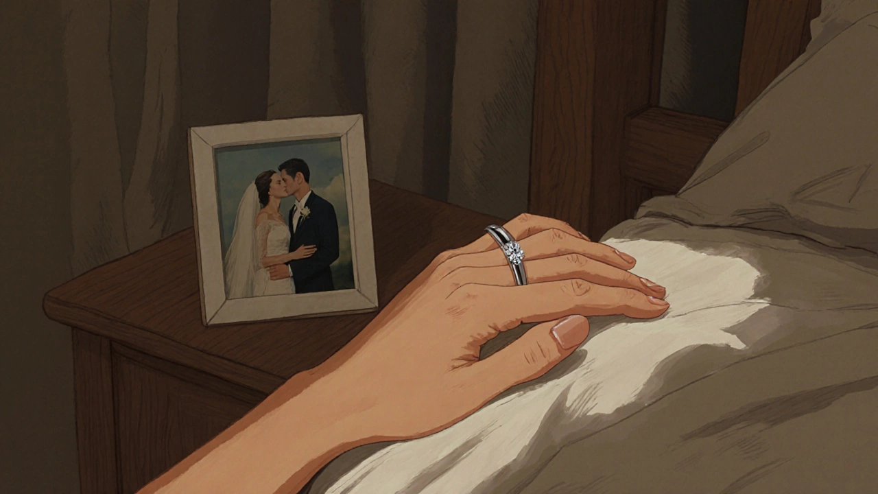 An engagement ring resting on a nightstand beside a wedding photo, with only a plain band worn on the finger.