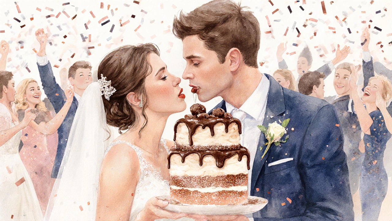 Couple feeding each other cake, sugar on lips, watercolor background with dancing guests