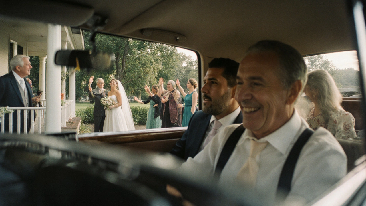 Groom&#039;s father driving guests to the wedding in a vintage car, morning light streaming through the windows.