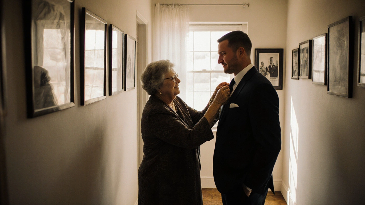 Groom&#039;s mother adjusting his tie before the ceremony, father smiling quietly beside them.