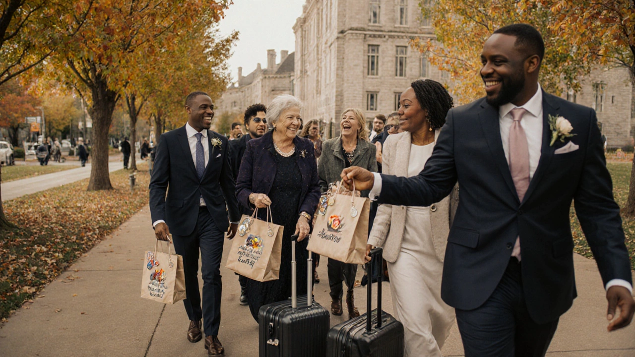 Groom&#039;s parents handing welcome bags to out-of-town guests arriving at a scenic venue.