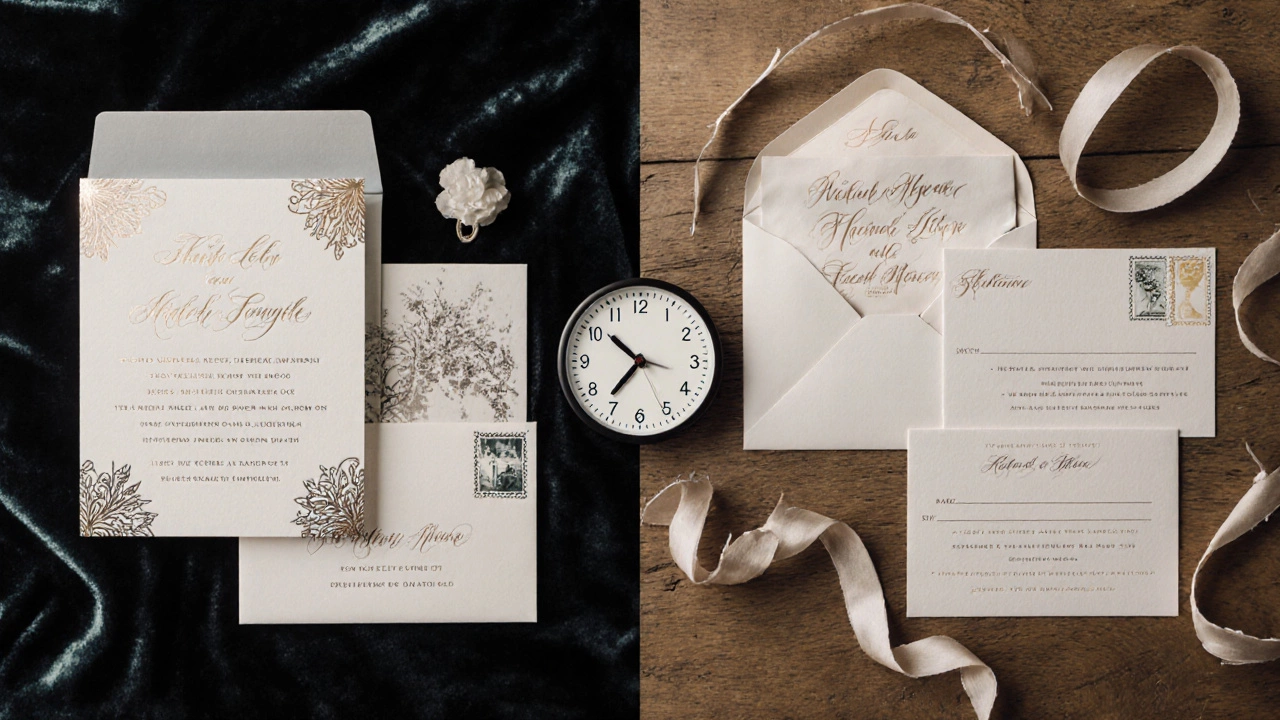Side-by-side comparison of professional and handmade wedding invitations with a clock showing late night.