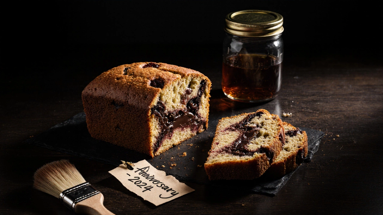 Sliced fruitcake with rum-soaked dried fruits and chocolate ganache, lit by a spotlight.