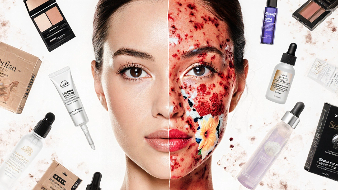 Split image showing healthy glowing skin versus irritated, peeling skin with discarded beauty products around.