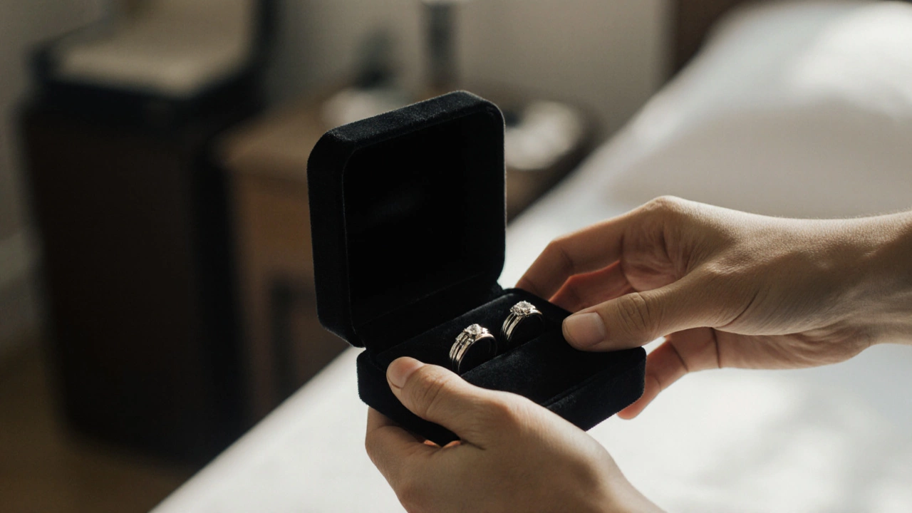 Two wedding rings inside a black jewelry box on velvet, symbolizing tradition and care.