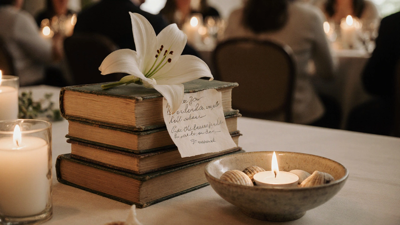 Vintage books with a single flower and sea shells as a personal, repurposed wedding centerpiece.