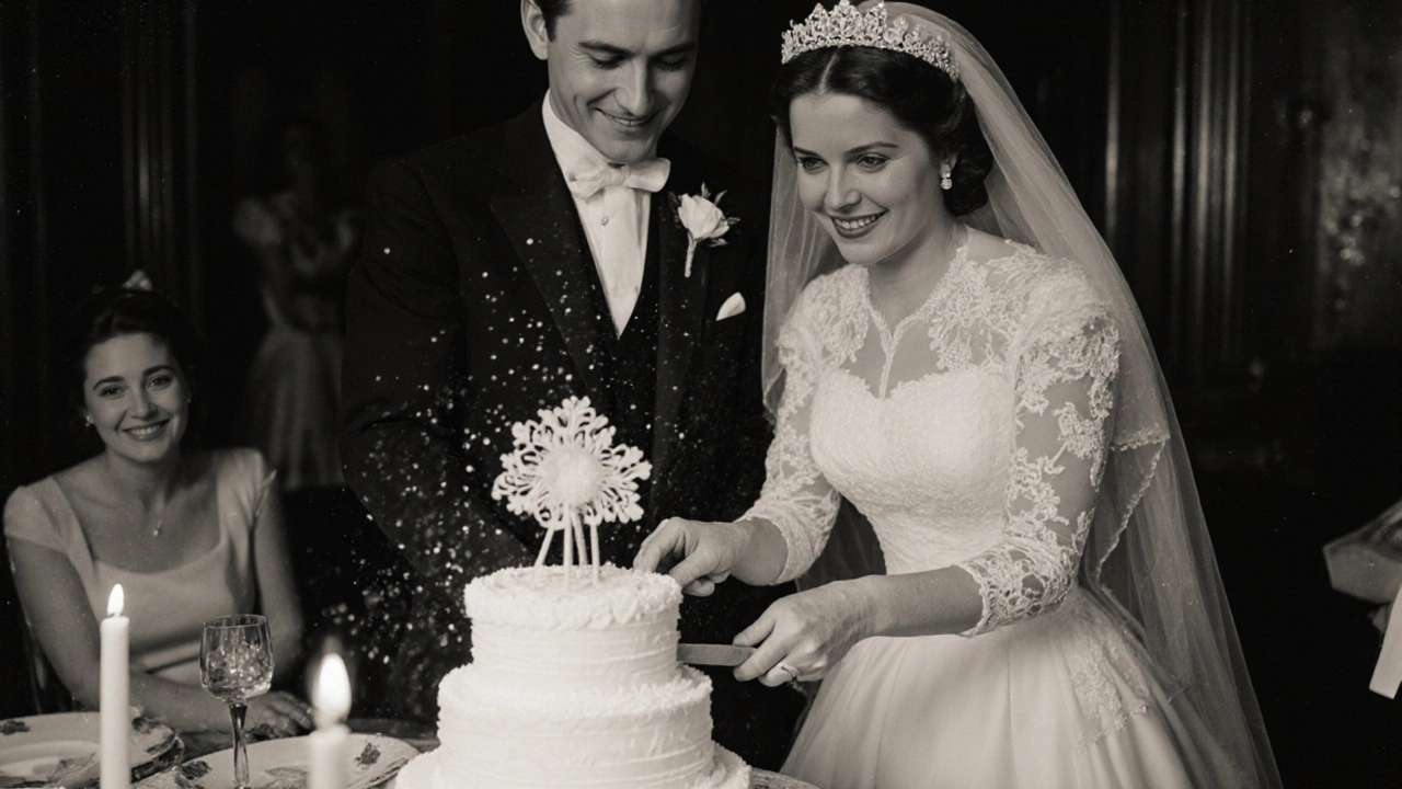Vintage-style British couple cutting wedding cake with lace topper, candlelight glow
