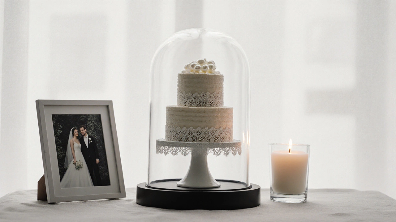 Wedding cake top tier displayed under a glass dome as a keepsake, beside a wedding photo.