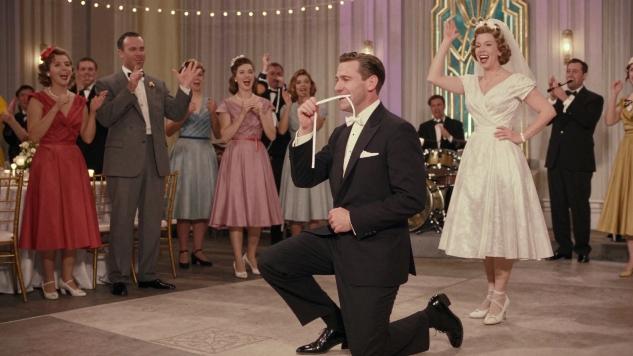 1950s groom holds garter in mouth amid cheering crowd at a vintage wedding reception.