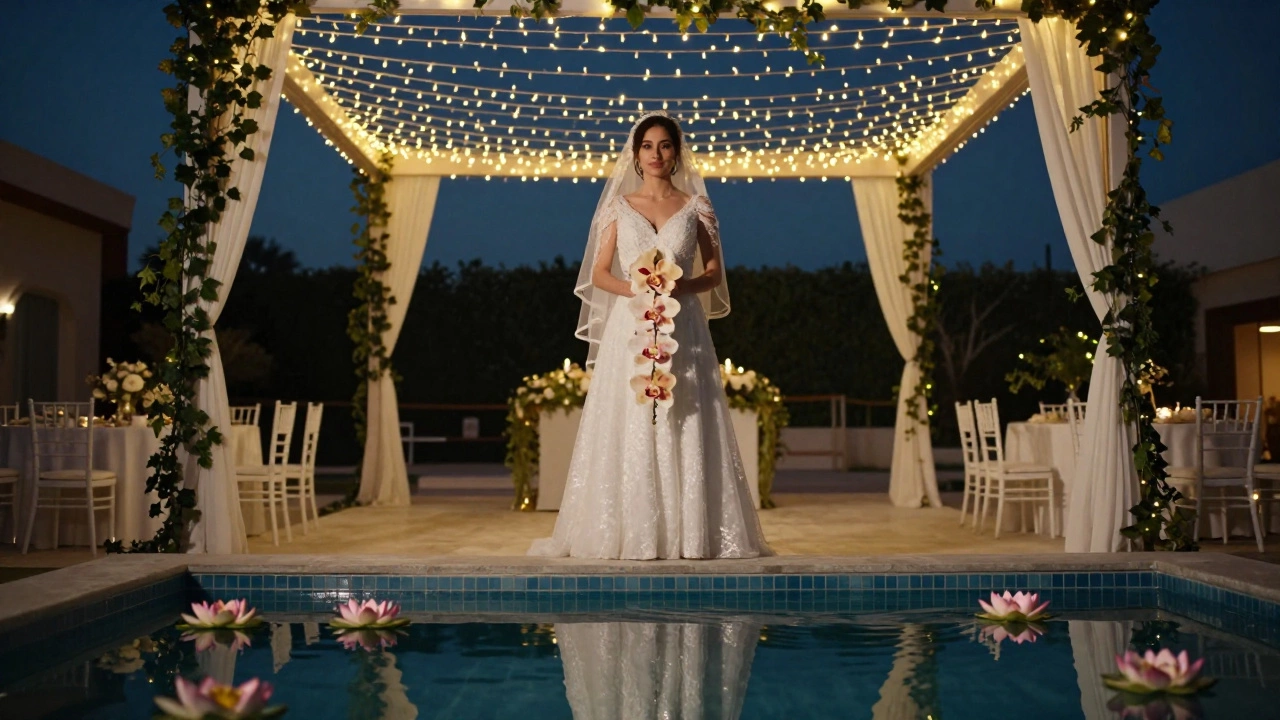 A bride holding a fading Shenzhen Nongke Orchid bouquet under fairy lights at a twilight wedding reception.