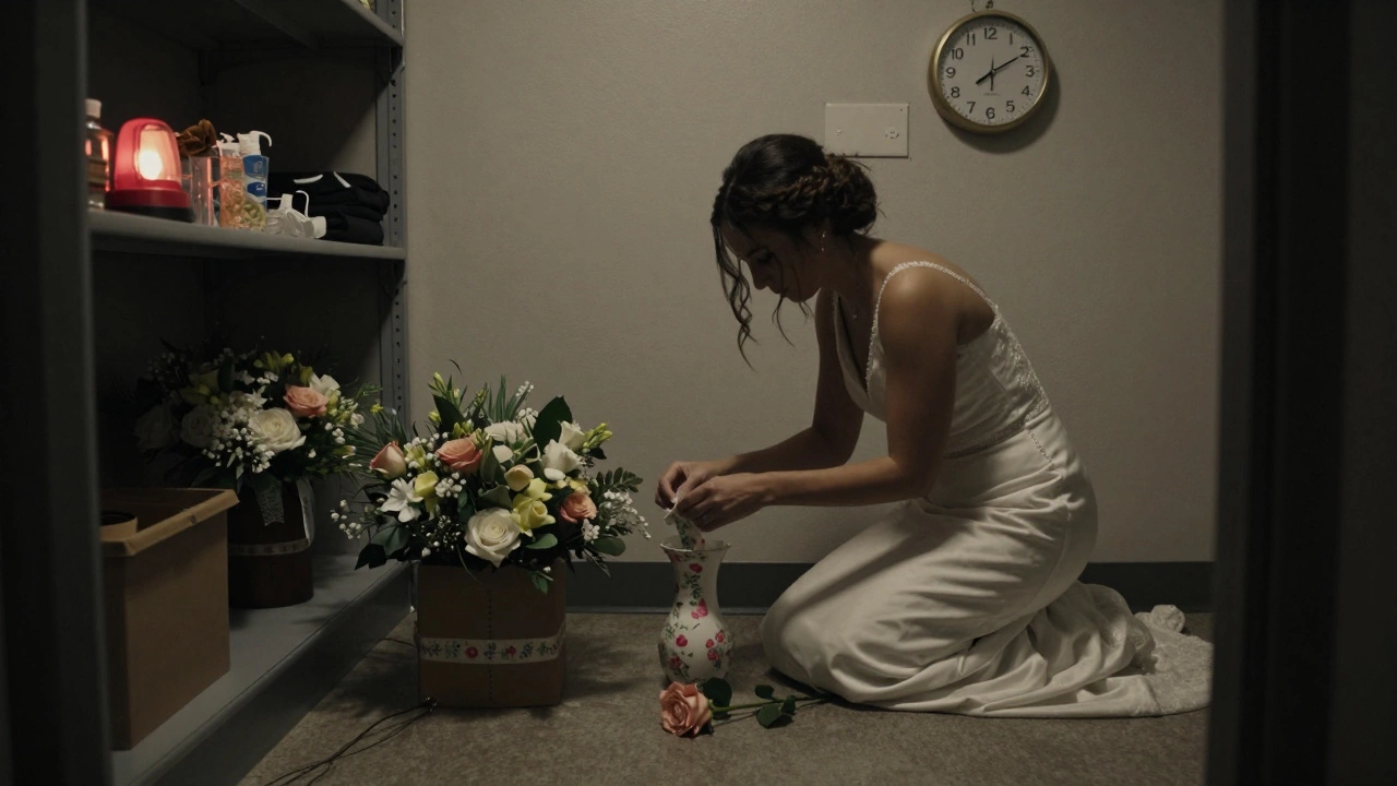 A bride quietly repairing a broken centerpiece at midnight in a venue storage room, dim light casting long shadows.