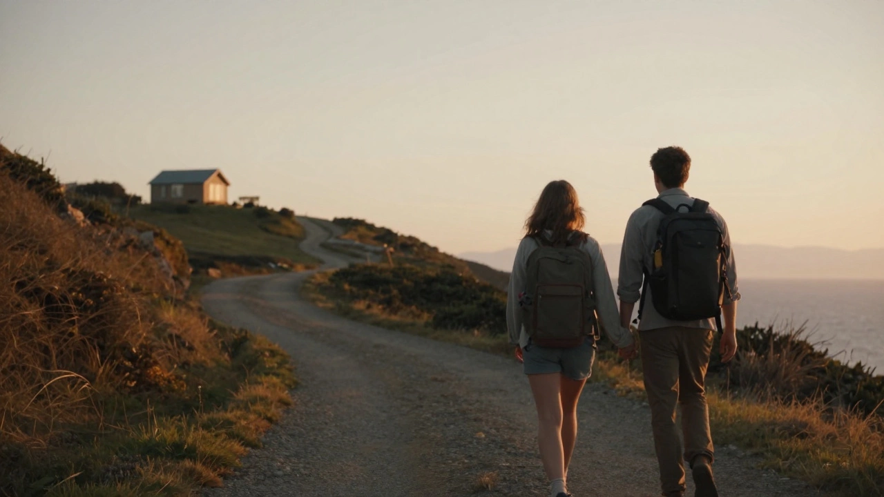 A couple hiking a coastal trail at sunset, backpacks on, enjoying a simple post-wedding getaway.