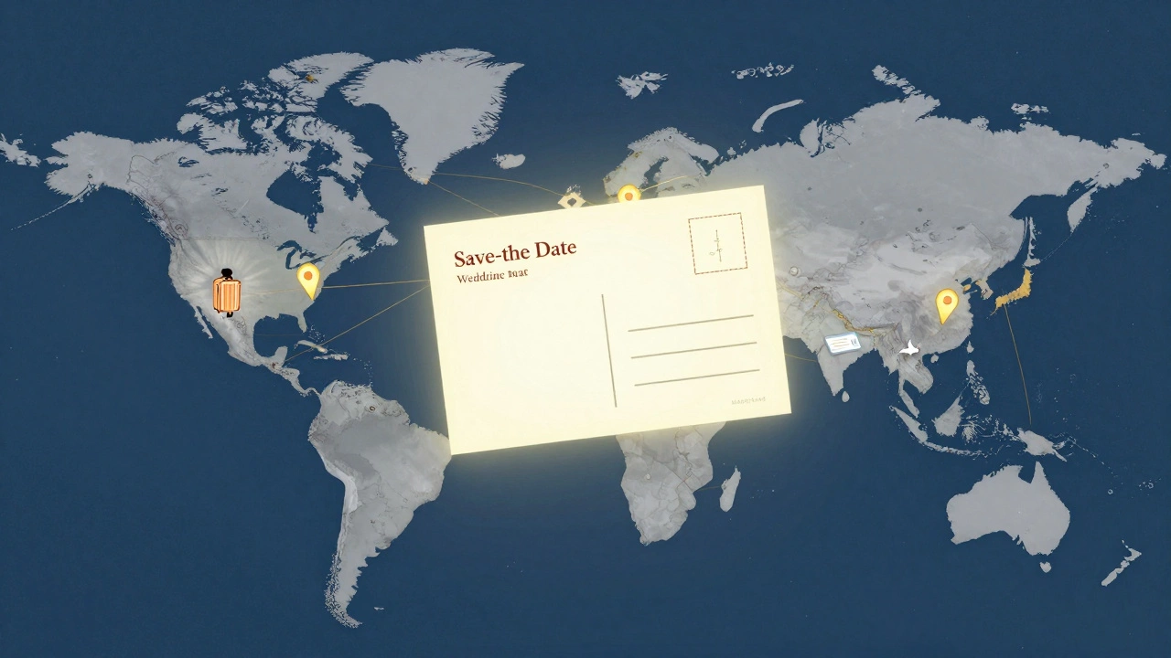 A map with golden threads linking distant cities to a wedding venue in Maui.