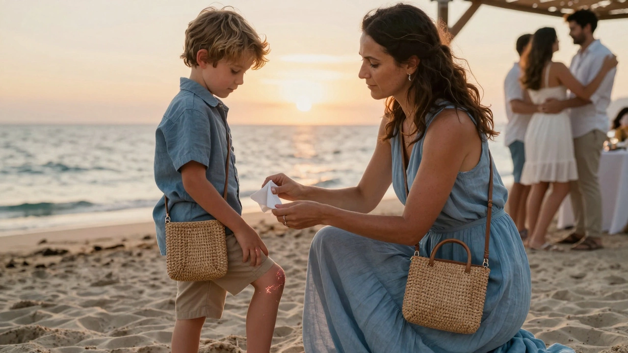 A mother helps a child with a scraped knee at a beach wedding, her woven bag at her side.