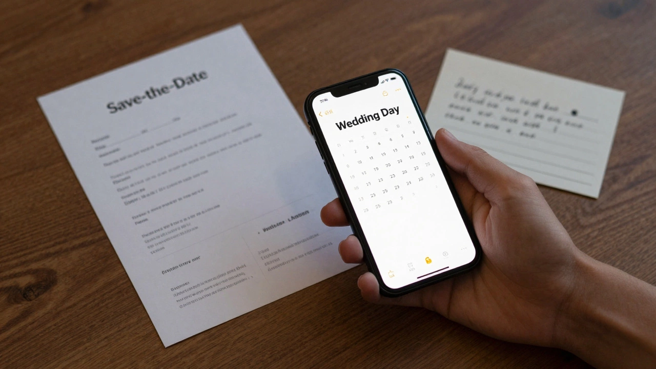 A smartphone calendar alert next to a physical save-the-date card on a wooden table.