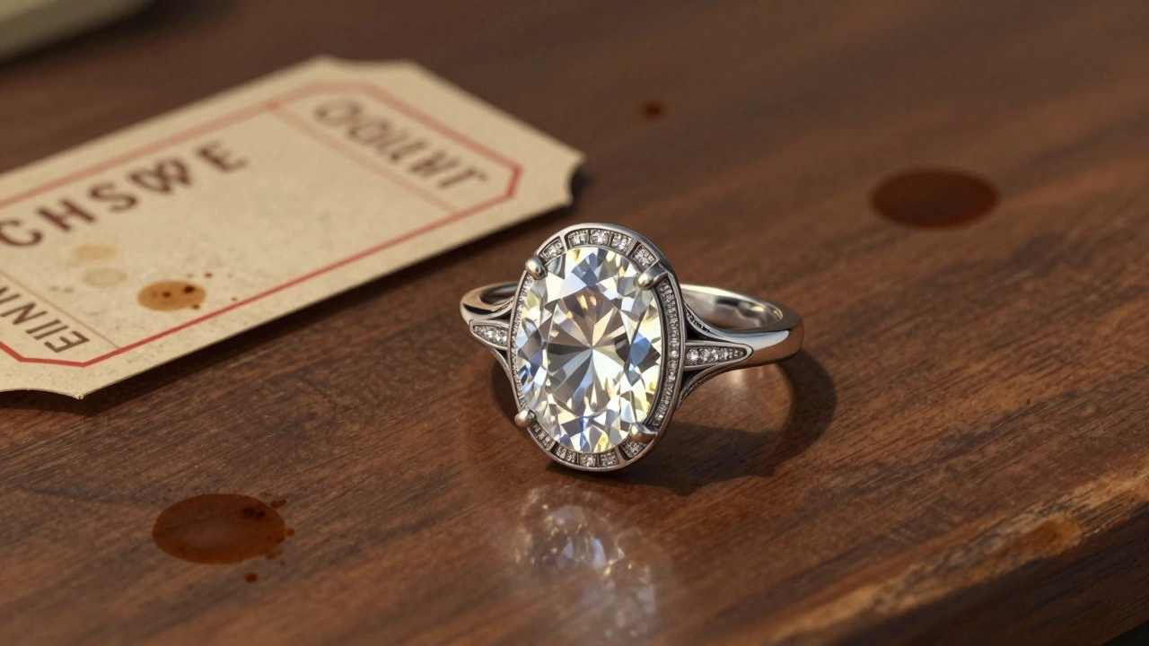 A vintage-style moissanite ring beside coffee-stained movie tickets in soft morning light.