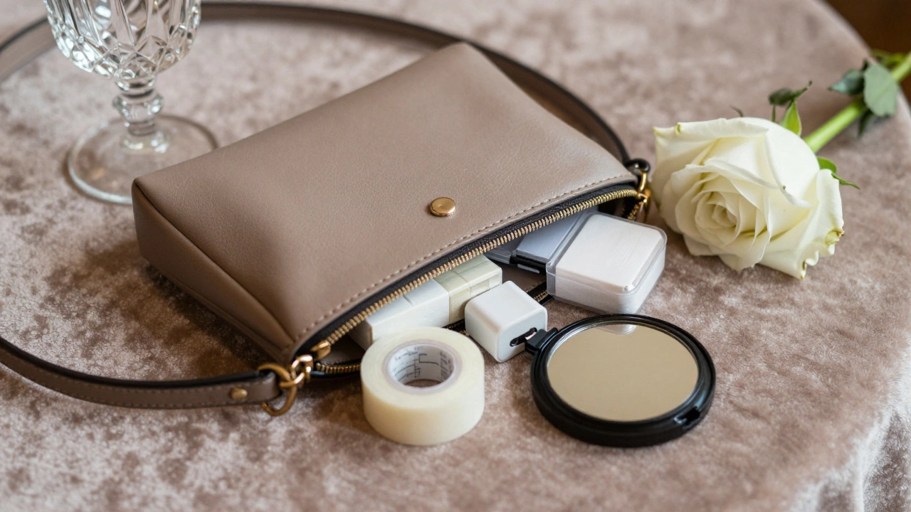 An open crossbody purse contains wedding essentials: tissues, pills, charger, and tape on a velvet table.