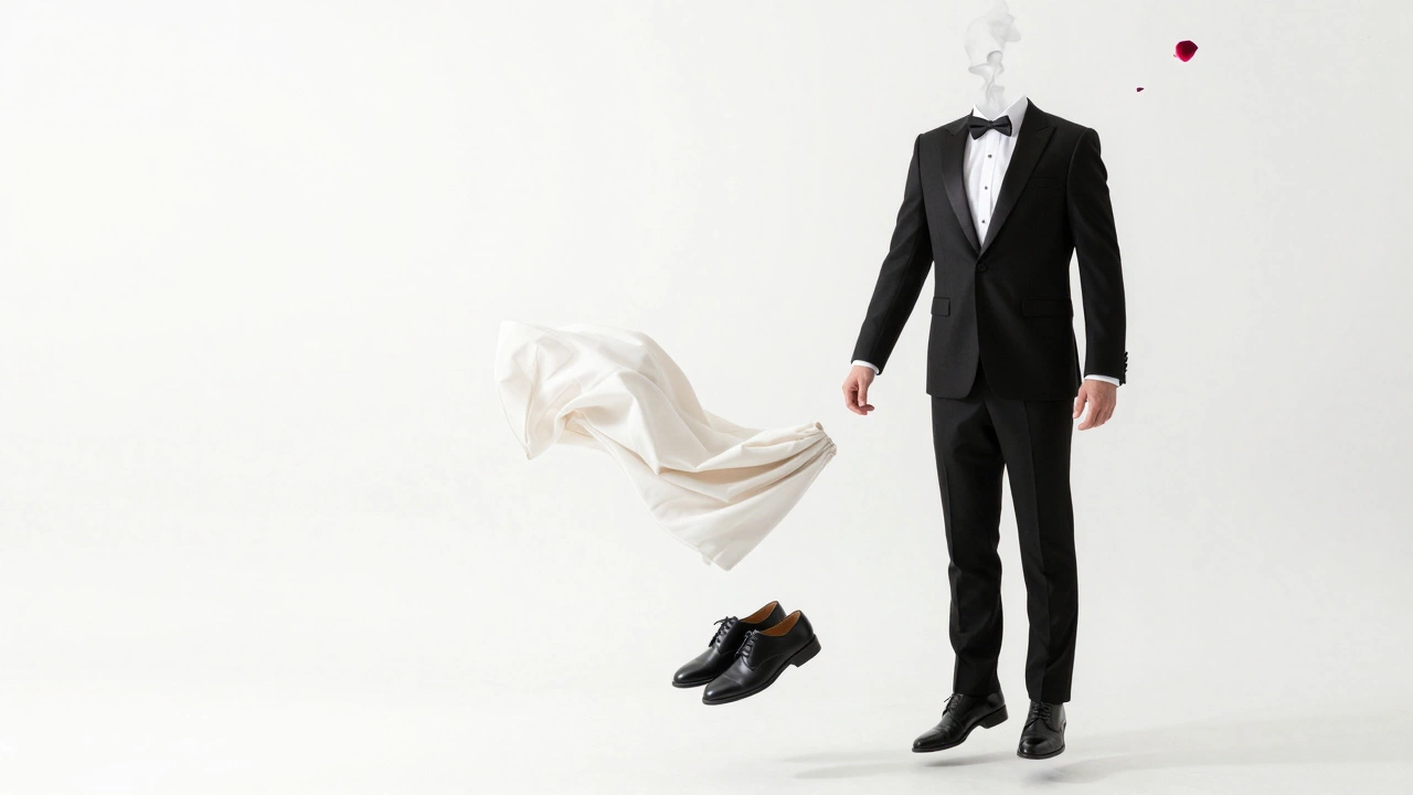 Black suit hovers symbolically with tuxedo elements fading, rose petal rising, representing modern wedding style.