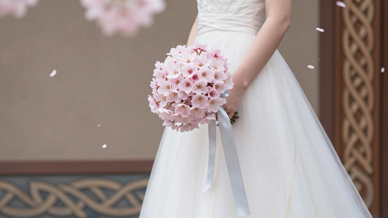 Bride's hand holding blush pink cherry blossoms with silver and gold accents.