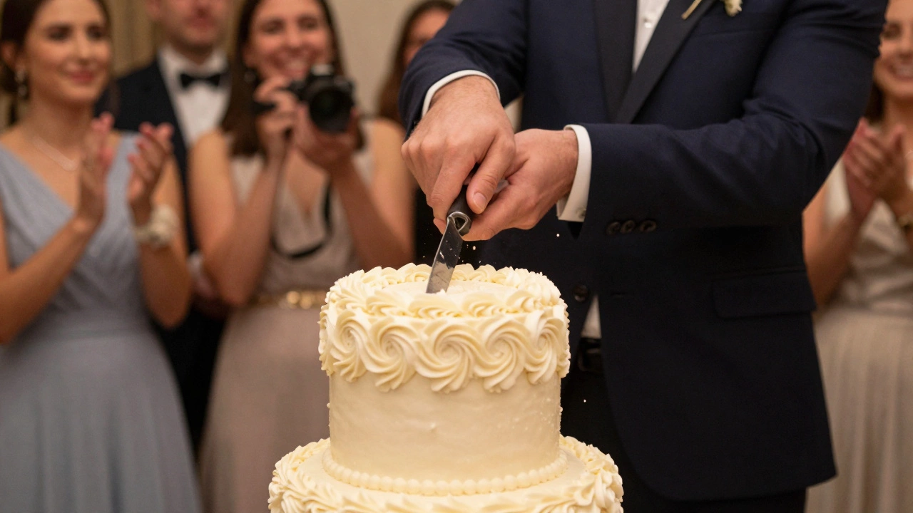 Bride and groom cutting the top tier of a wedding cake together