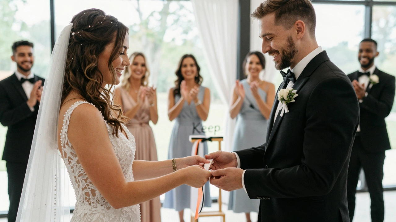 Bride hands garter to groom gently, symbolizing shared consent and modern tradition.