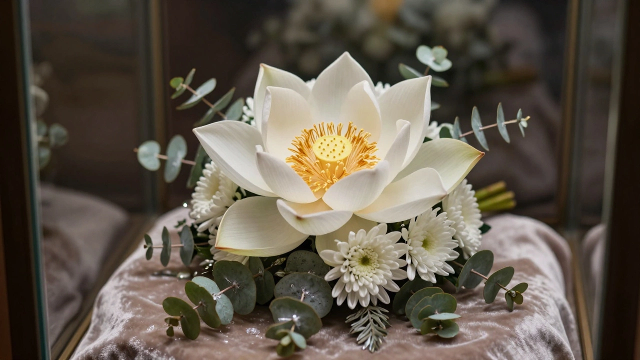 Close-up of a luxury wedding bouquet with a sacred lotus in a glass case on velvet.