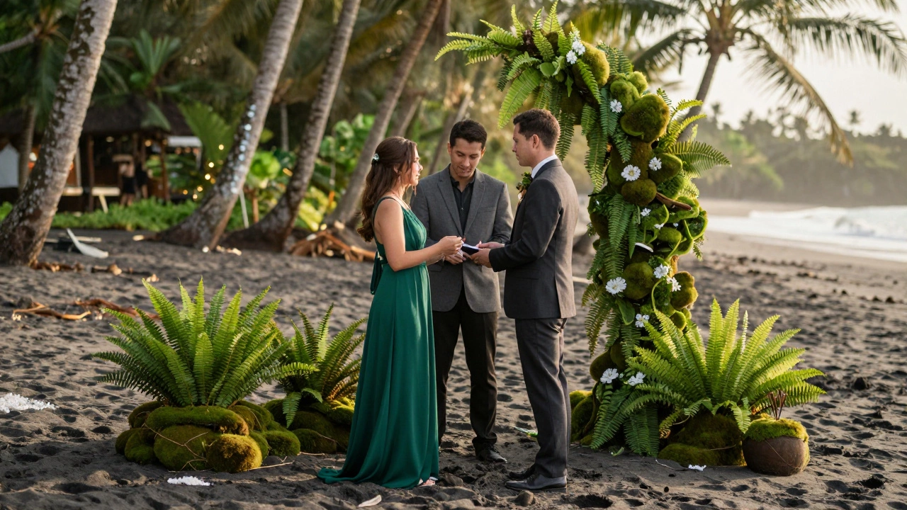 Couple wedding on beach with emerald green dress and mossy green centerpieces.