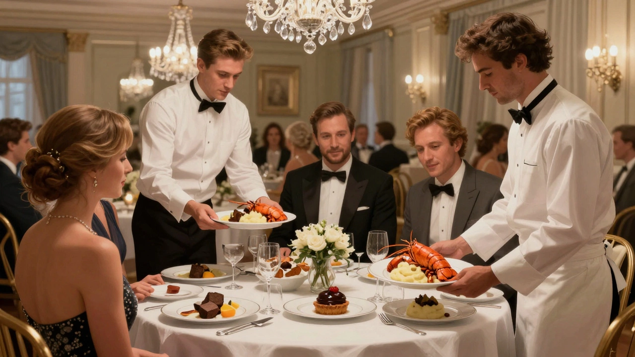 Elegant plated dinner with lobster and truffle potatoes served by waitstaff in a grand ballroom.