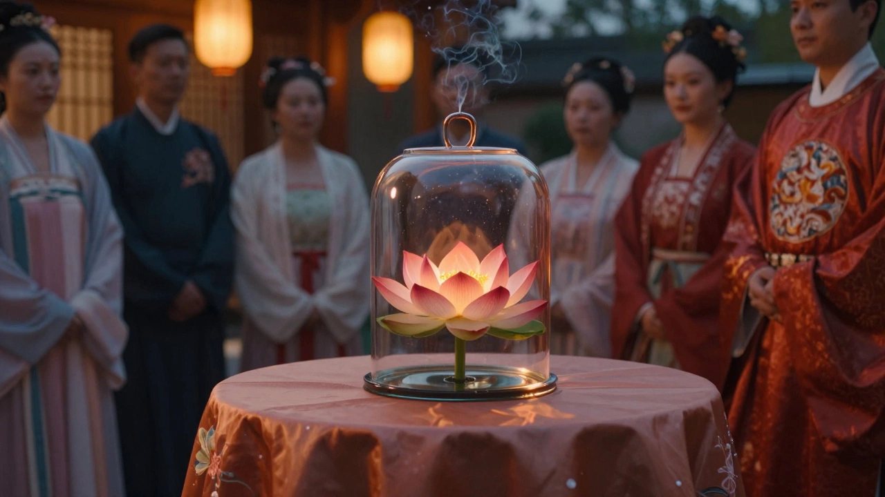 Glass-encased lotus bouquet displayed at a traditional Chinese wedding ceremony with lanterns.