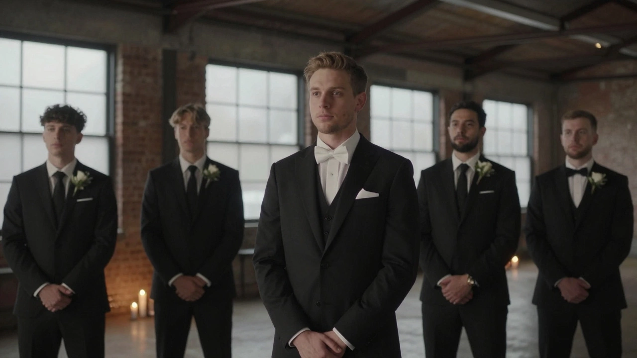 Groom and groomsmen in black suits pose in a candlelit warehouse wedding, warm light on brick walls.