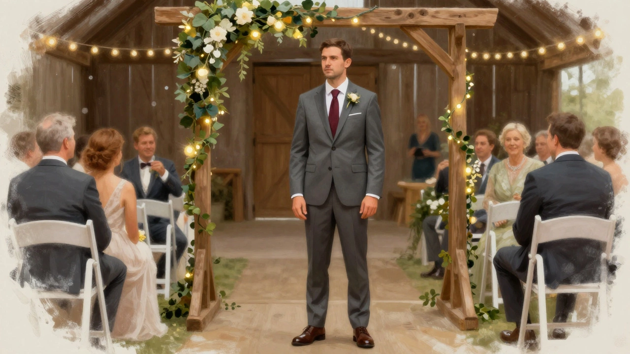 Groom in medium grey suit at a rustic barn wedding with fairy lights and ivy arch.