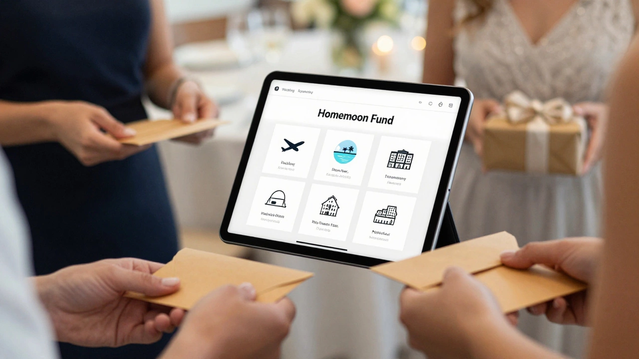 Guests giving cash envelopes at a wedding, with a honeymoon fund registry visible on a tablet.