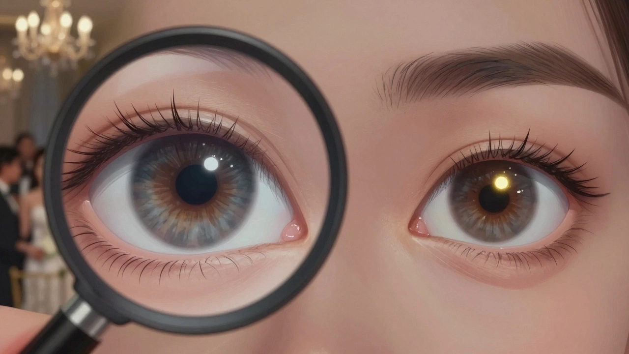 Magnified human eye showing dark pupil from flash absorption versus a healthy eye with catchlight.