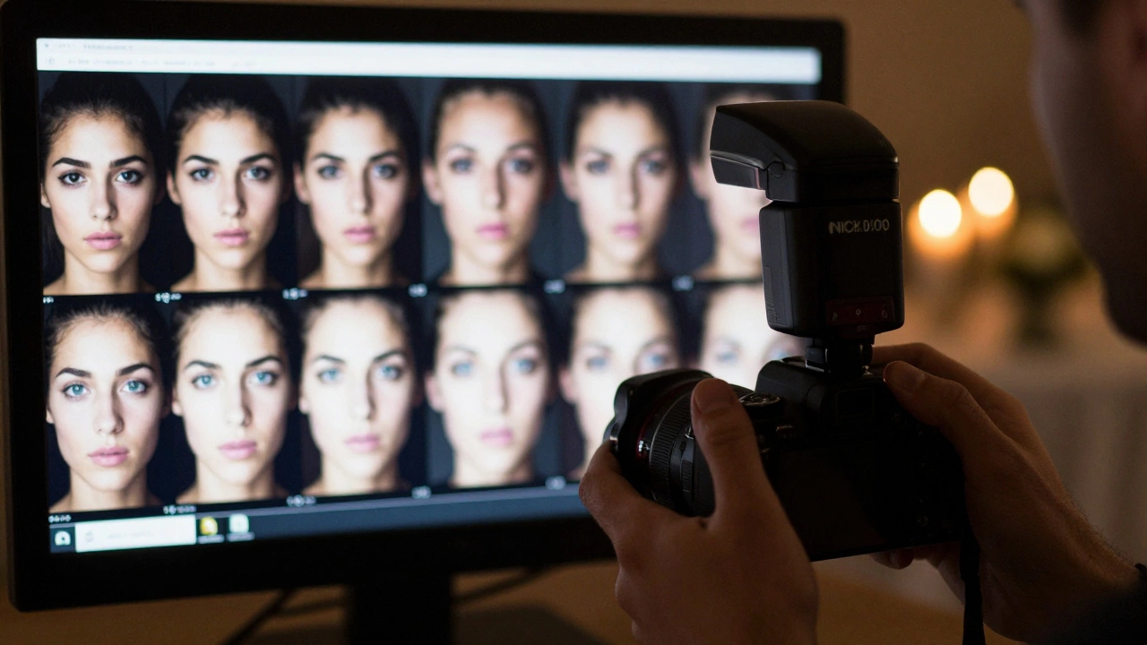 Photographer&#039;s hands with off-camera flash, monitor displaying before-and-after wedding photos with and without black eyes.