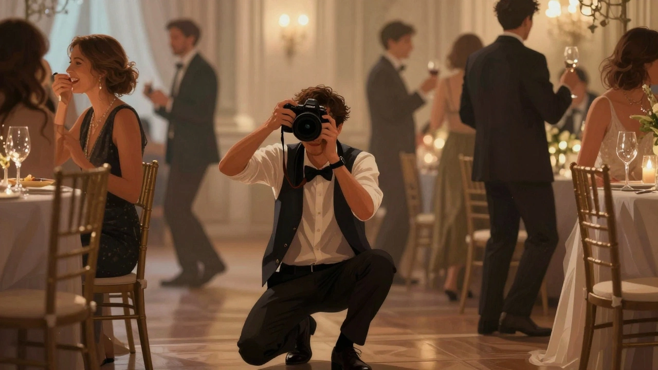 Photographer capturing candid guest laugh during reception with candlelit ambiance.