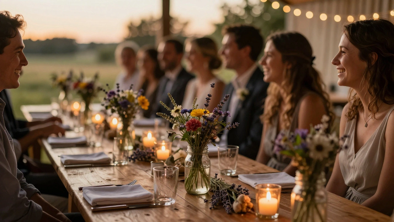 Rustic wedding tables with low floral centerpieces and candlelight, guests laughing together in warm golden hour glow.