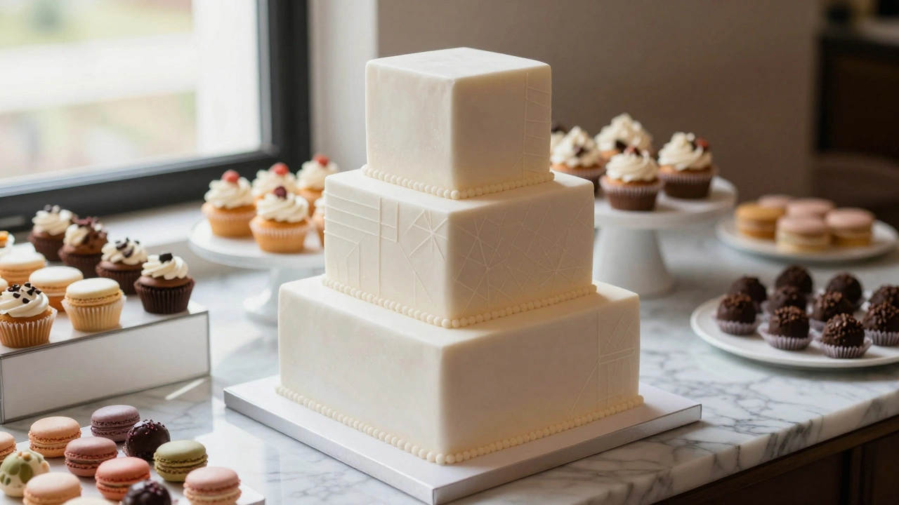 Square wedding cake next to a dessert bar with cupcakes and macarons