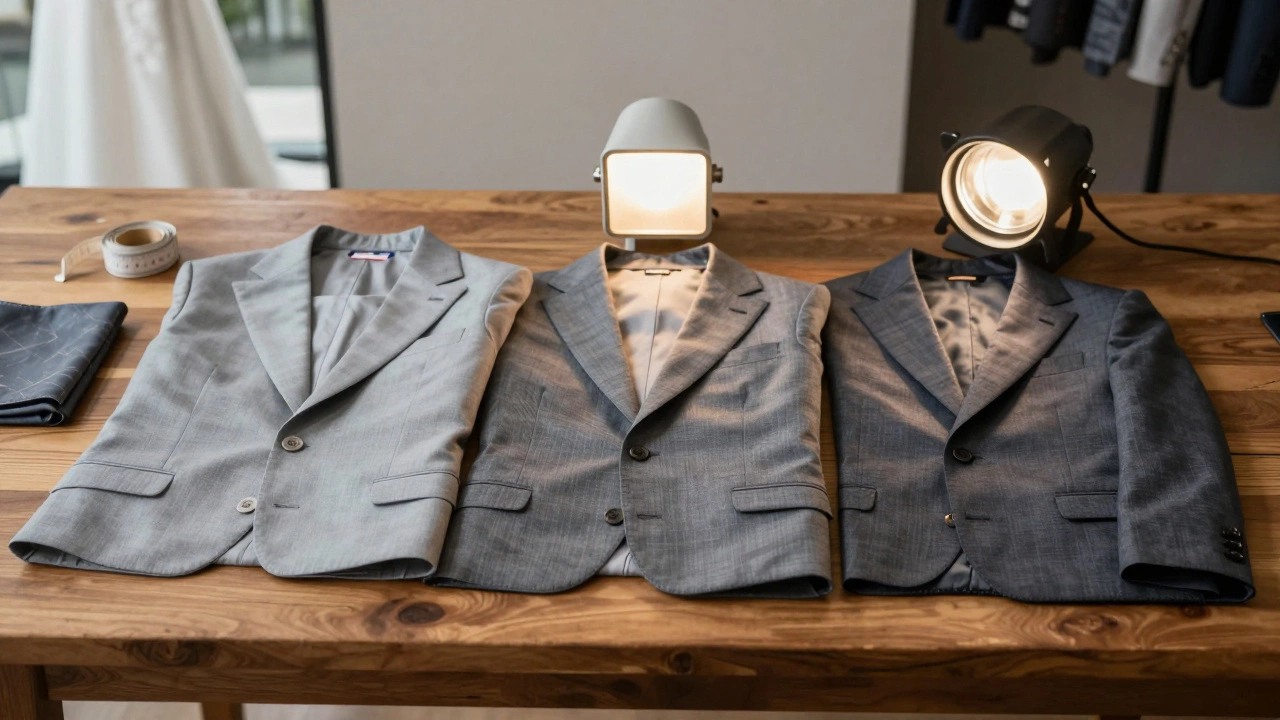 Three shades of grey suits displayed on a wooden table under different lighting conditions.