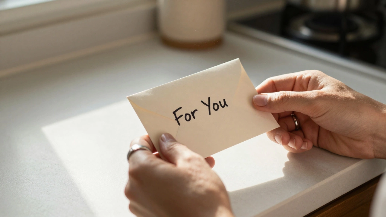 Two hands holding a vintage ring and a handwritten envelope in a sunlit kitchen.