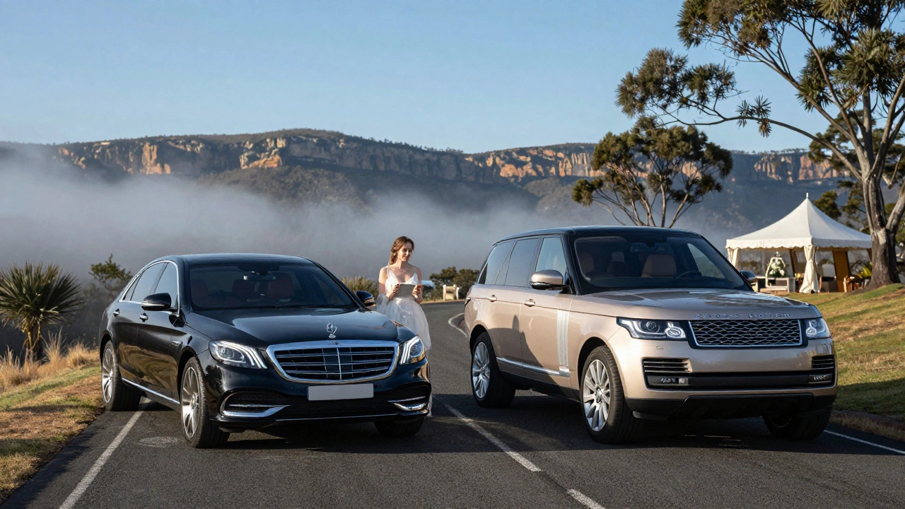 Two luxury cars parked on a mountain road, one black and one champagne gold, with misty landscape in background.