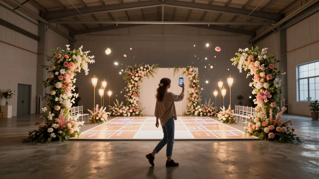 A bride experiencing a VR wedding decor simulation in an empty warehouse with glowing digital elements.