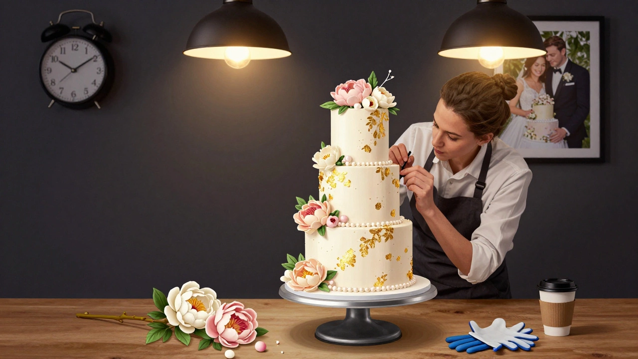 A cake decorator working late at night, hand-painting gold leaf on a fondant cake with sugar flowers nearby and a clock showing early morning hours.