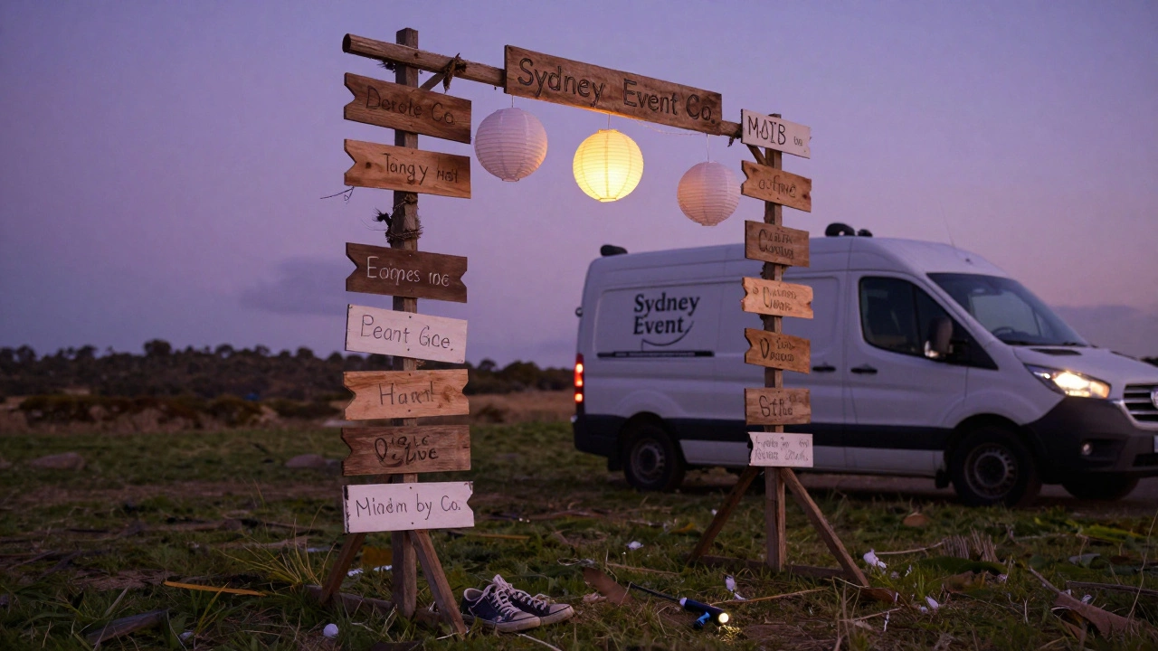 A collapsed DIY wedding arch with broken lanterns, next to abandoned tools and a professional van in the distance.