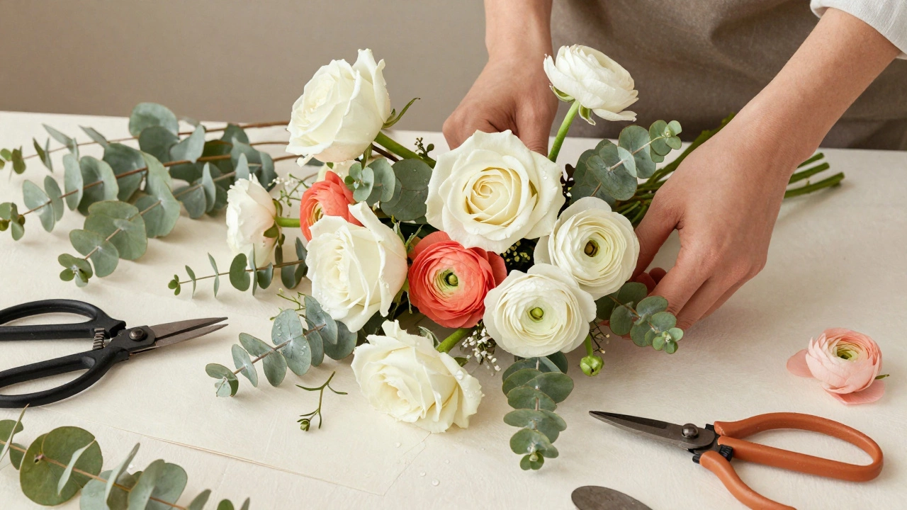 A florist arranging roses, ranunculus, and eucalyptus on a wooden table with tools nearby.