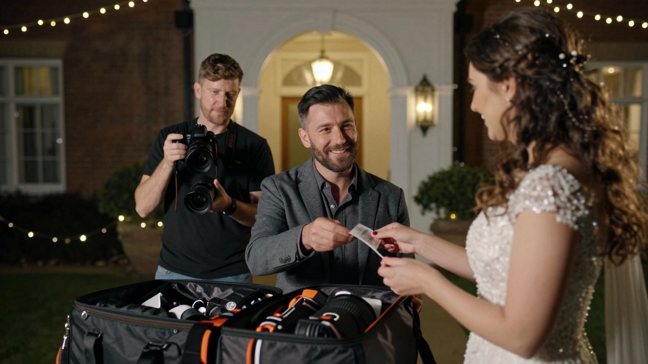 A wedding photographer and assistant pack gear as the couple thanks them, bathed in soft evening light.