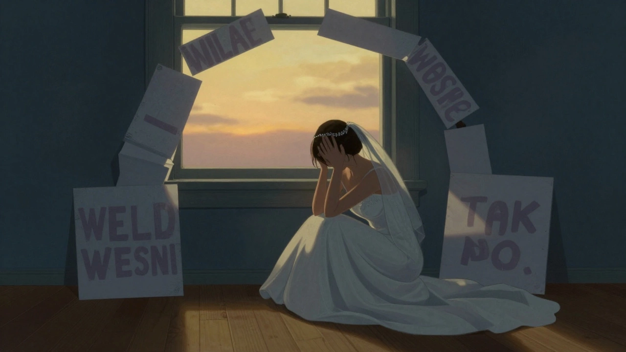 Bride sitting alone at night surrounded by collapsed wedding decor, soft sunset visible through a window.