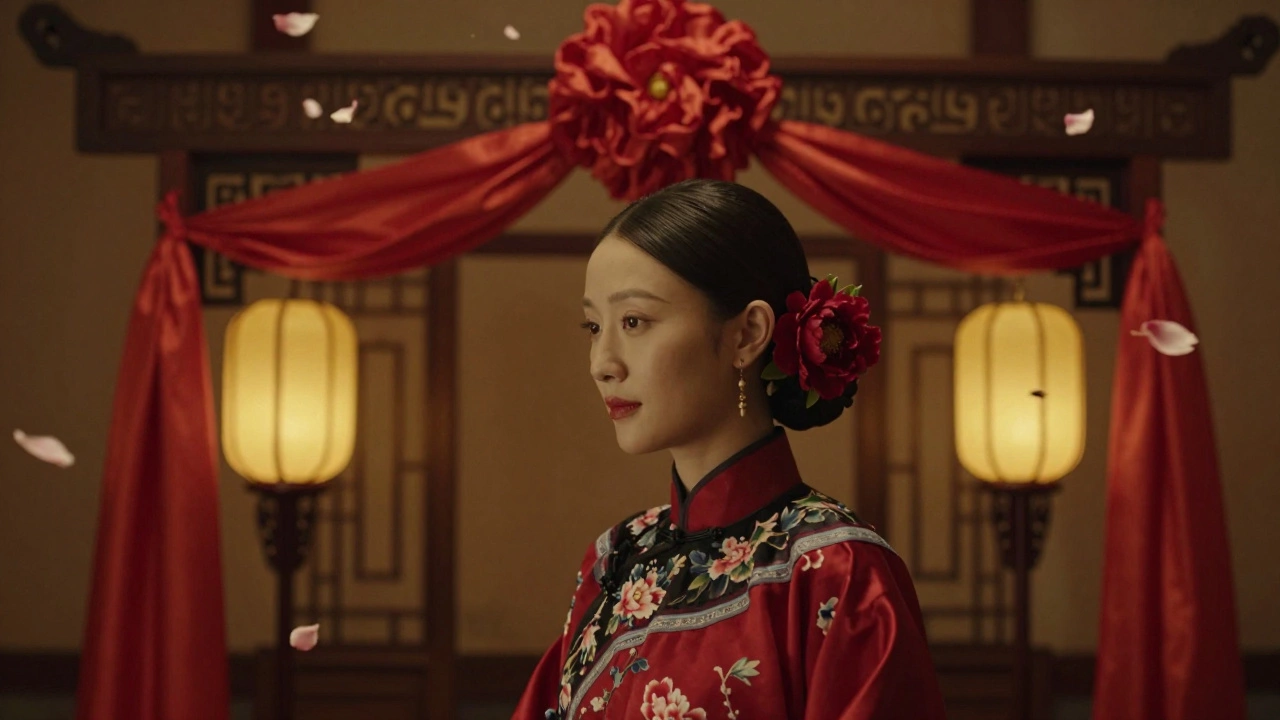 Bride with a red peony behind her ear beside a traditional Chinese wedding arch.