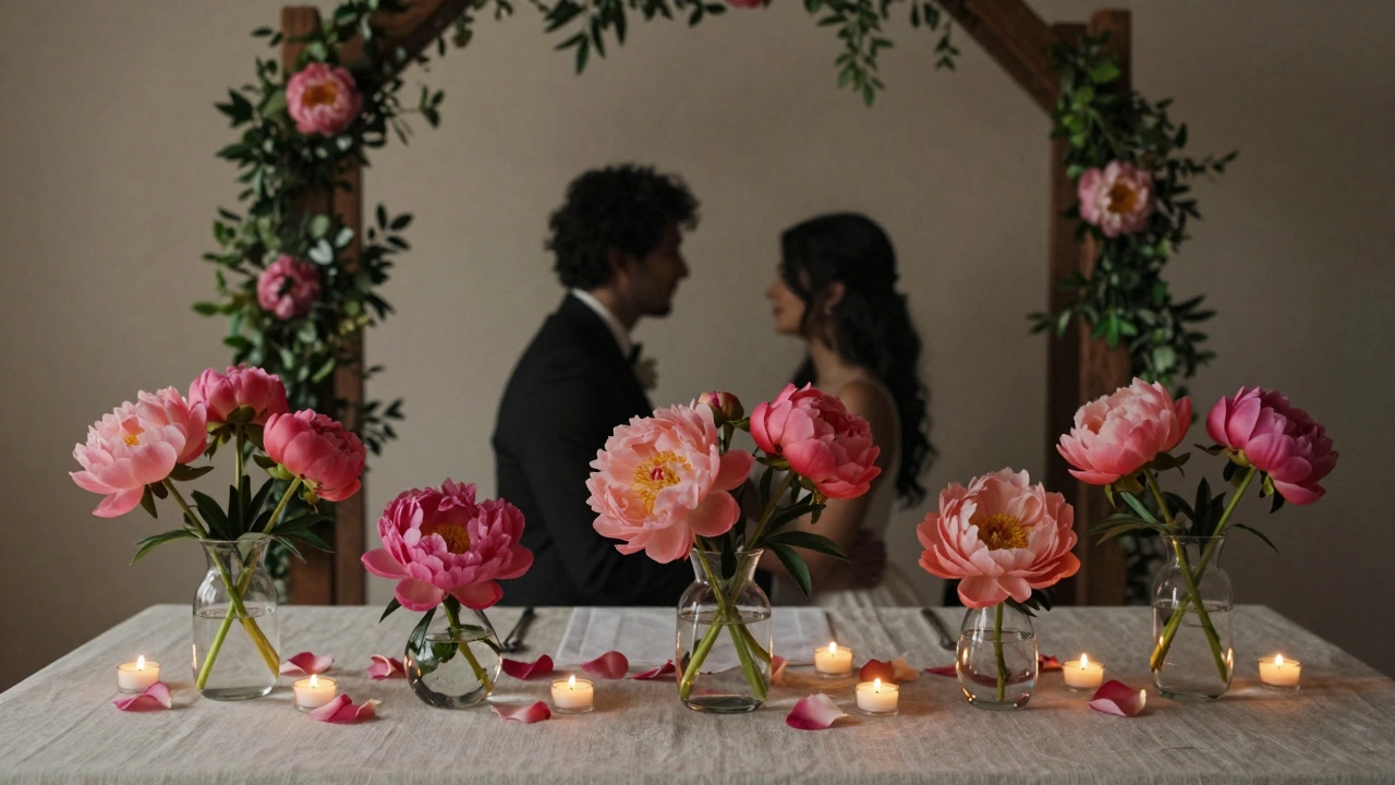 Centerpiece of pink and coral peonies with tea lights on a linen table, arch in background.