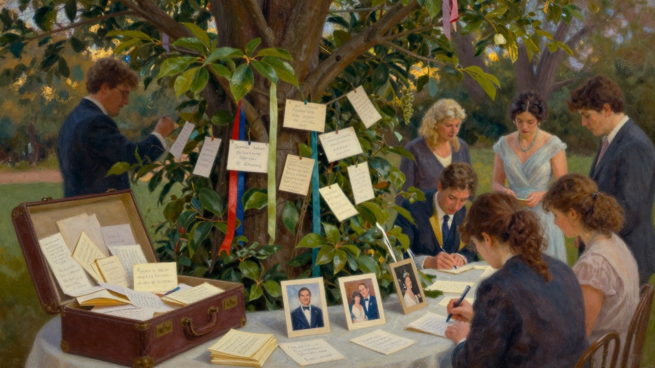 Guests writing messages on postcards and tying them to a decorated wish tree during a wedding celebration.