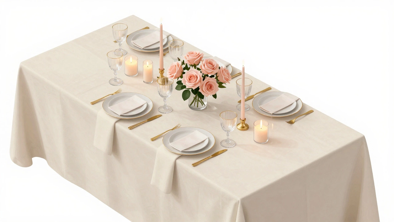 Overhead view of a meticulously arranged wedding table with roses, candles, and glassware under simulated lighting.